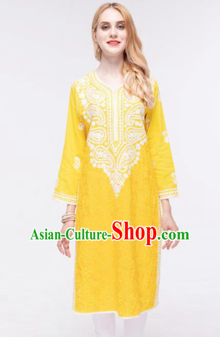 South Asian India Traditional Yoga Costumes Asia Indian National Punjabi Bright Yellow Blouse and Pants for Women