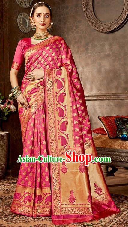 India Traditional Bollywood Pink Sari Dress Asian Indian Court Wedding Bride Costume for Women