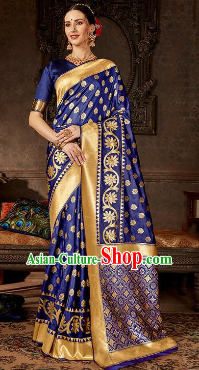 India Traditional Bollywood Royalblue Sari Dress Asian Indian Court Wedding Bride Costume for Women