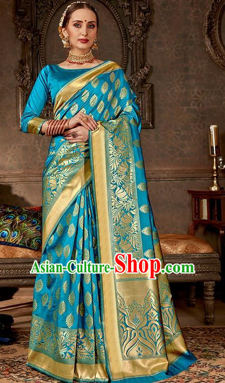 India Traditional Bollywood Light Blue Sari Dress Asian Indian Court Wedding Bride Costume for Women