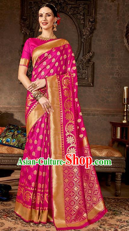 India Traditional Bollywood Rosy Sari Dress Asian Indian Court Wedding Bride Costume for Women