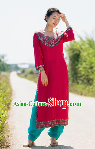 South Asian India Traditional Punjabi Costumes Asia Indian National Rosy Blouse and Pants for Women