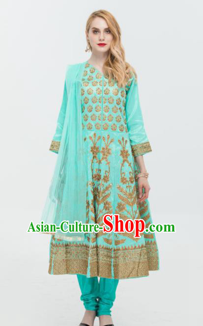 South Asian India Traditional Green Costumes Asia Indian National Punjabi Dress and Pants for Women