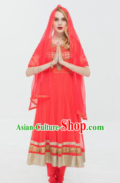 South Asian India Traditional Watermelon Red Costumes Asia Indian National Punjabi Dress and Pants for Women