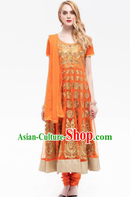 South Asian India Traditional Yoga Costumes Asia Indian National Punjabi Orange Dress and Pants for Women