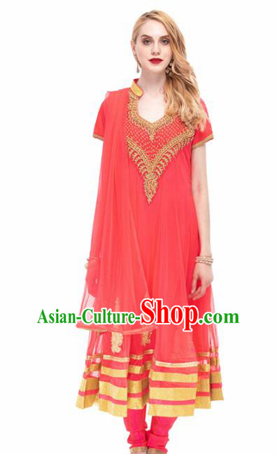 South Asian India Traditional Yoga Costumes Asia Indian National Punjabi Red Veil Dress and Pants for Women