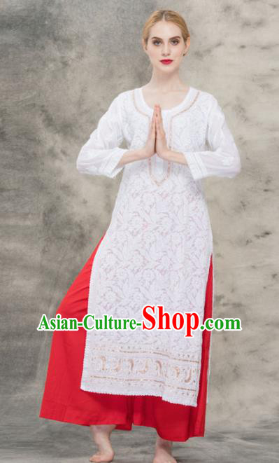 South Asian India Traditional Yoga White Lace Dress Asia Indian National Punjabi Suit Costume for Women