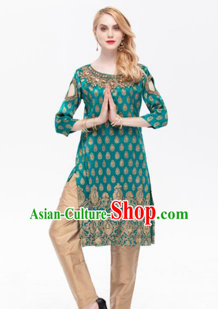 South Asian India Traditional Green Dress Asia Indian National Punjabi Suit Costume for Women