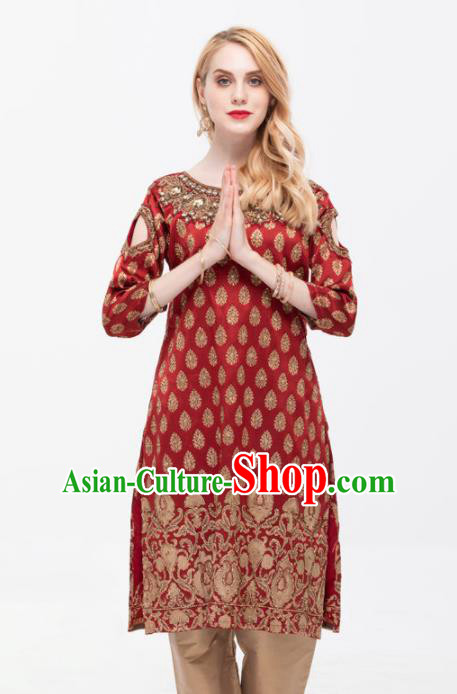 South Asian India Traditional Purplish Red Dress Asia Indian National Punjabi Suit Costume for Women