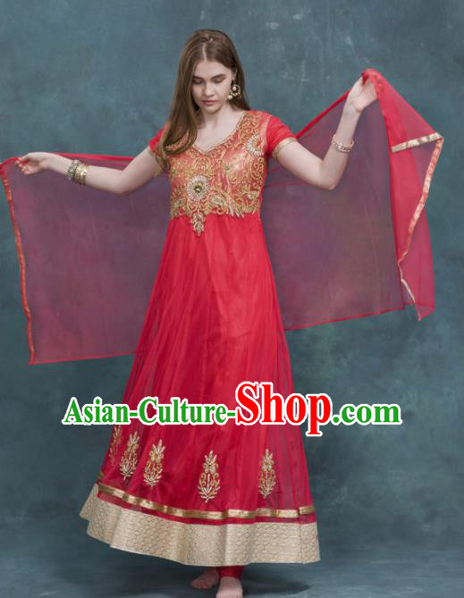 South Asian India Traditional Costume Red Dress Asia Indian National Punjabi Suit for Women