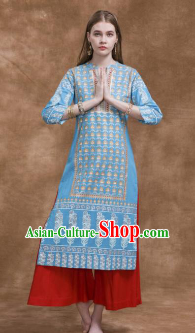 South Asian India Traditional Costume Blue Dress Asia Indian National Punjabi Suit for Women