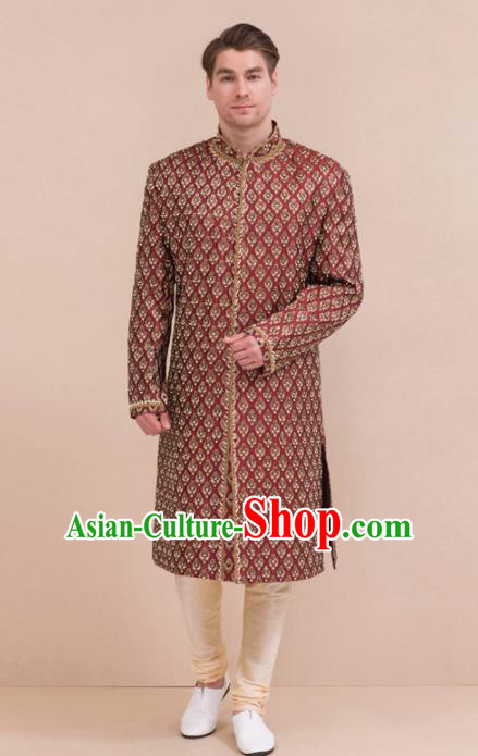 South Asian India Traditional Costume Wine Red Robe and Pants Asia Indian National Suit for Men