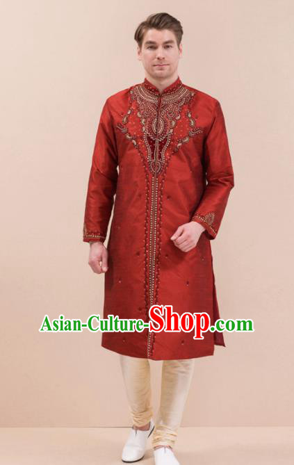 South Asian India Traditional Costume Red Robe and Pants Asia Indian National Suit for Men