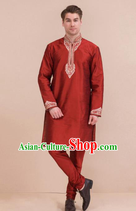 South Asian India Traditional Costume Purplish Red Coat and Pants Asia Indian National Suit for Men
