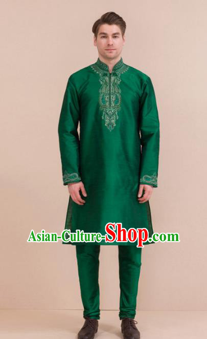 South Asian India Traditional Costume Green Coat and Pants Asia Indian National Suit for Men