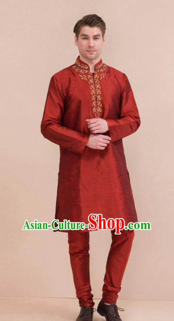 South Asian India Traditional Costume Red Coat and Pants Asia Indian National Suit for Men