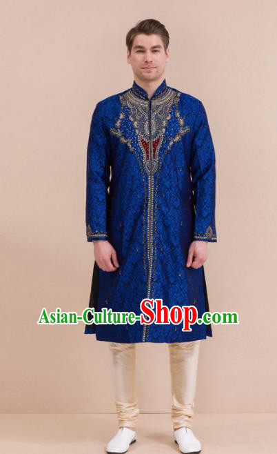 South Asian India Traditional Costume Royalblue Coat and Pants Asia Indian National Suit for Men