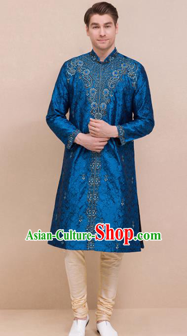 South Asian India Traditional Costume Peacock Blue Coat and Pants Asia Indian National Suit for Men