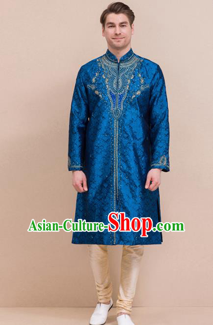 South Asian India Traditional Costume Deep Blue Coat and Pants Asia Indian National Suit for Men