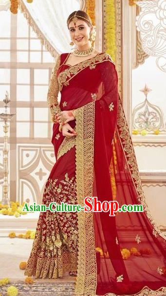 Asian India Traditional Wedding Bride Sari Dress Indian Bollywood Court Wine Red Costume for Women