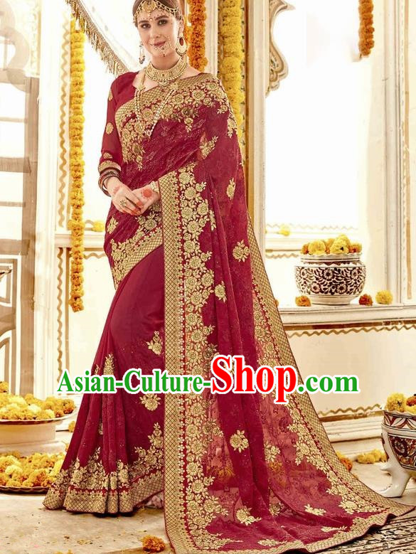Asian India Traditional Court Wedding Amaranth Sari Dress Indian Bollywood Bride Costume for Women