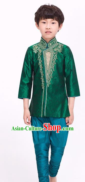 South Asian India Traditional Costume Green Shirt and Pants Asia Indian National Suit for Kids