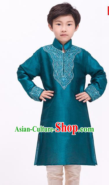 South Asian India Traditional Costume Peacock Green Shirt and Pants Asia Indian National Suit for Kids