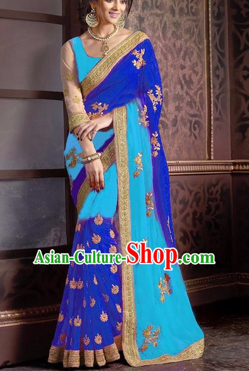 Indian Traditional Blue Sari Dress Asian India Court Princess Bollywood Embroidered Costume for Women