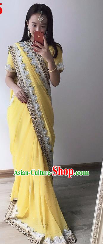 Indian Traditional Court Princess Yellow Sari Dress Asian India Bollywood Embroidered Costume for Women