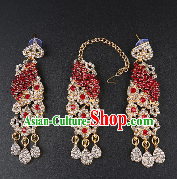 Asian India Traditional Wedding Jewelry Accessories Indian Bollywood Red Crystal Earrings and Eyebrows Pendant for Women