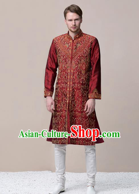 South Asian India Traditional Wedding Costume Asia Indian National Bridegroom Purplish Red Suits for Men