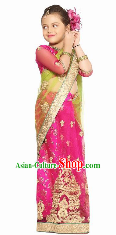 South Asian India Traditional Costume Asia Indian National Rosy Sari Dress for Kids