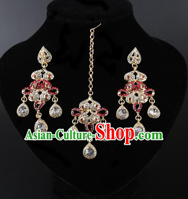 India Traditional Jewelry Accessories Indian Bollywood Princess Red Crystal Tassel Earrings and Eyebrows Pendant for Women