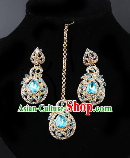 Indian Bollywood Princess Blue Crystal Earrings and Eyebrows Pendant India Traditional Jewelry Accessories for Women