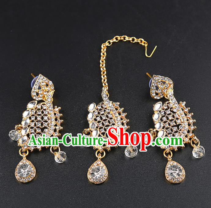 Indian Bollywood Crystal Earrings and Eyebrows Pendant India Traditional Court Princess Jewelry Accessories for Women