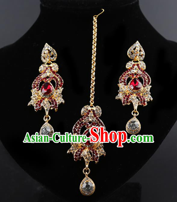 Indian Traditional Wedding Red Crystal Earrings and Eyebrows Pendant India Bollywood Court Princess Jewelry Accessories for Women
