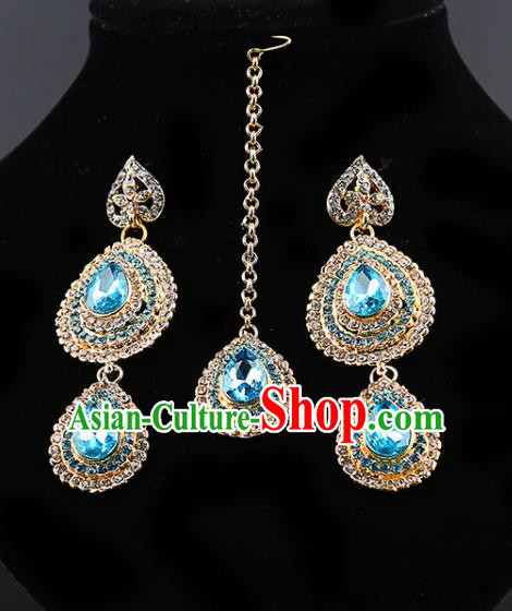 Indian Traditional Bollywood Blue Crystal Earrings and Eyebrows Pendant India Court Princess Jewelry Accessories for Women
