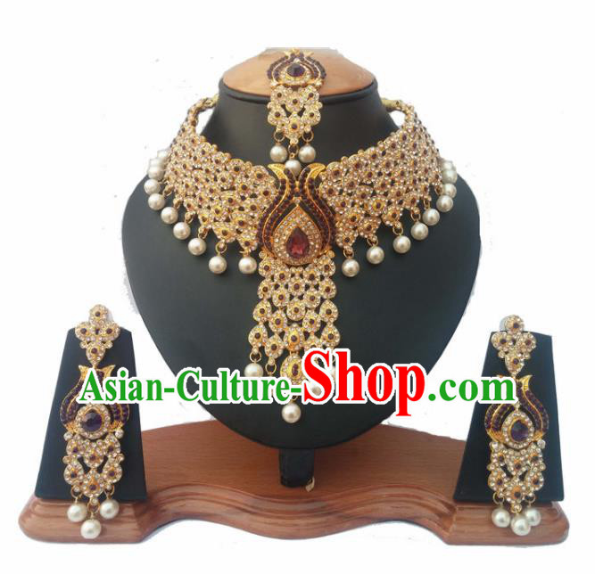 South Asian India Traditional Red Crystal Jewelry Accessories Indian Bollywood Necklace Earrings and Headwear for Women
