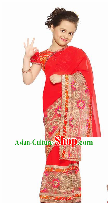 South Asian India Traditional Red Costume Asia Indian National Sari Dress for Kids