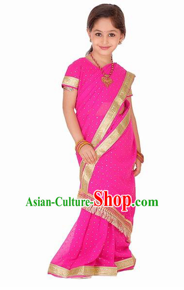 South Asian India Traditional Rosy Costume Asia Indian National Sari Dress for Kids