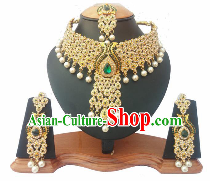 South Asian India Traditional Green Crystal Jewelry Accessories Indian Bollywood Necklace Earrings and Headwear for Women