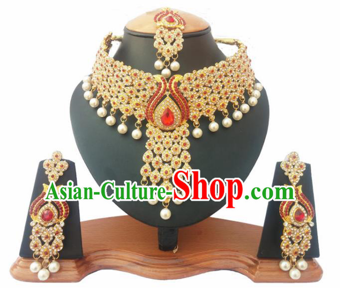 Asian India Traditional Red Crystal Jewelry Accessories Indian Bollywood Necklace Earrings and Headwear for Women