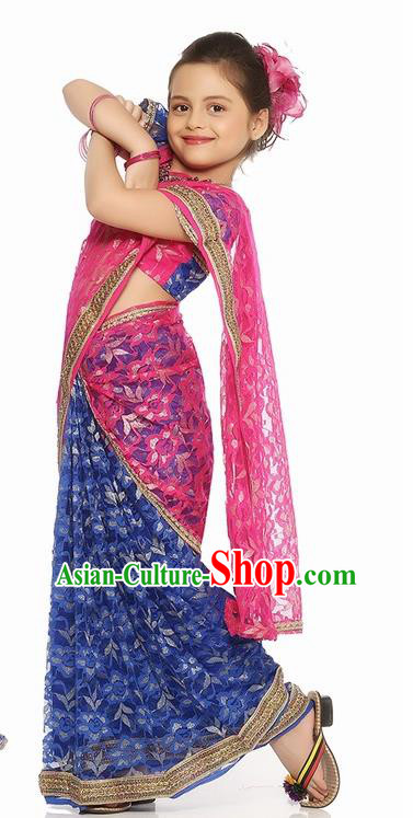 South Asian India Traditional Costume Asia Indian National Royalblue Sari Dress for Kids