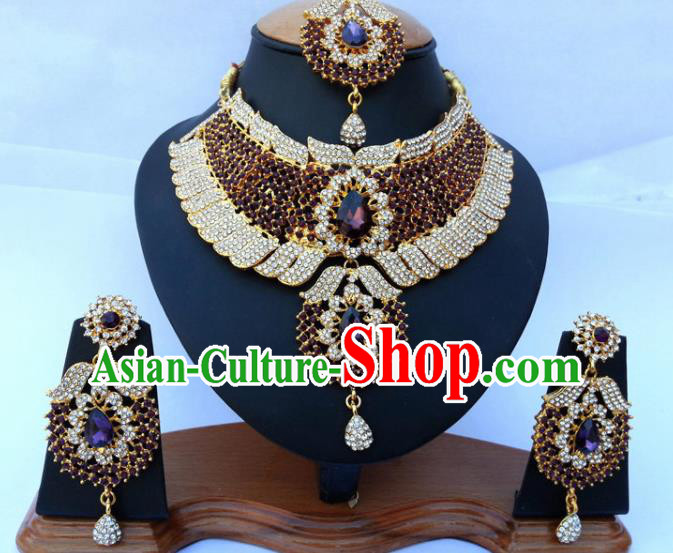 Asian India Traditional Purple Crystal Jewelry Accessories Indian Bollywood Necklace Earrings and Headwear for Women