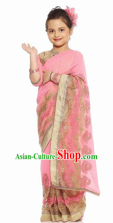 South Asian India Traditional Costume Asia Indian National Pink Sari Dress for Kids