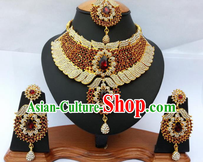 Asian India Traditional Red Crystal Jewelry Accessories Indian Bollywood Necklace Earrings and Headwear for Women