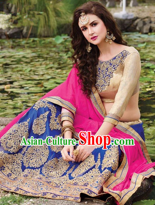 Asian India Traditional Bride Embroidered Royalblue Sari Dress Indian Bollywood Court Queen Costume for Women