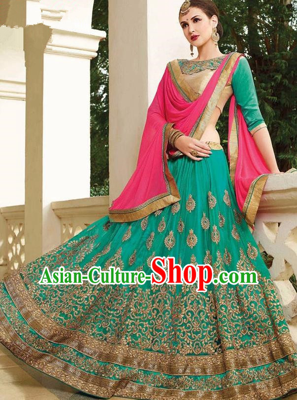 Asian India Traditional Bride Embroidered Green Sari Dress Indian Bollywood Court Queen Costume for Women