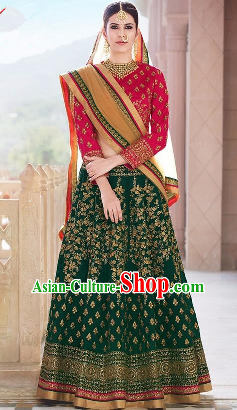 Asian India Traditional Bride Embroidered Deep Green Sari Dress Indian Bollywood Court Queen Costume for Women