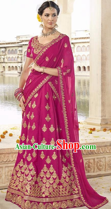 Asian India Traditional Bride Embroidered Rosy Sari Dress Indian Bollywood Court Queen Costume Complete Set for Women